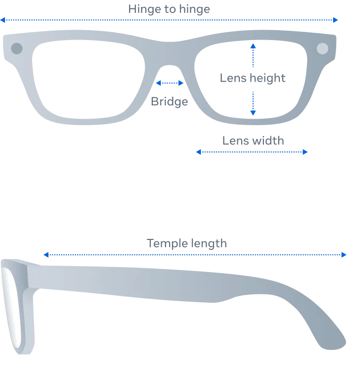 Front and side view of Ray-Ban Meta Blayzer Optics (Gen 2) glasses product dimensions