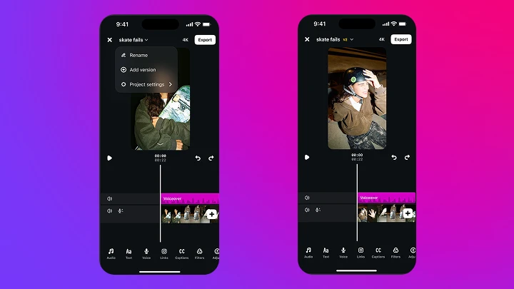 Edits app interface showing the Add version menu to streamline your video editing workflow for a skate fails project.