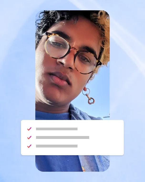 An Instagram creator looks at the camera with eligibility checkmarks overlaid
