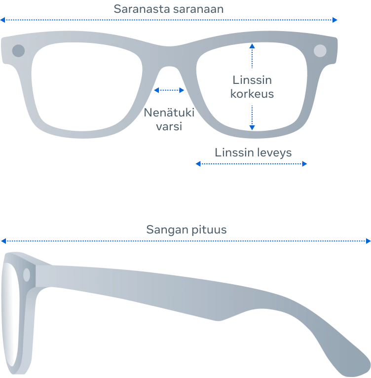 Etu- ja sivunäkymä Ray-Ban Meta Gen 2 Wayfarer -älylasien mitoista