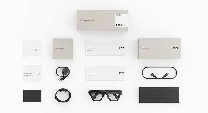 Meta Ray-Ban Display glasses with Meta Neural Band, box, case, cable, cloth, and reference guide