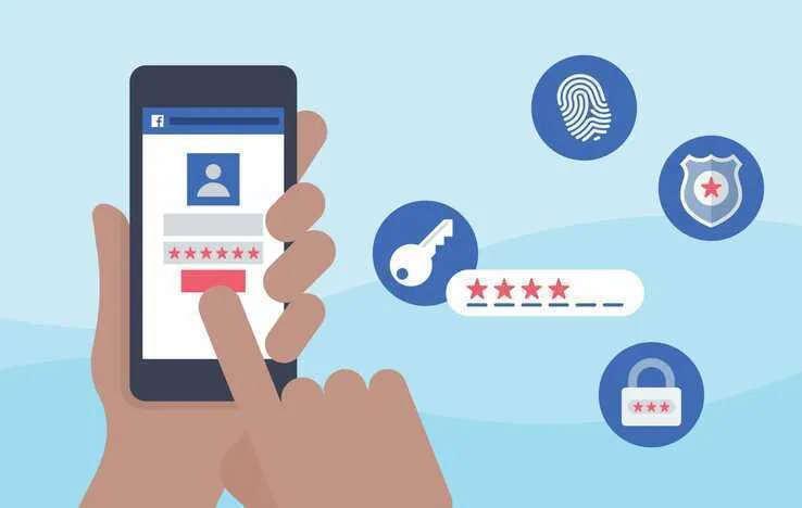 Illustration of a hand entering a password on a phone screen, surrounded by icons representing security features such as a fingerprint, key, shield and lock.