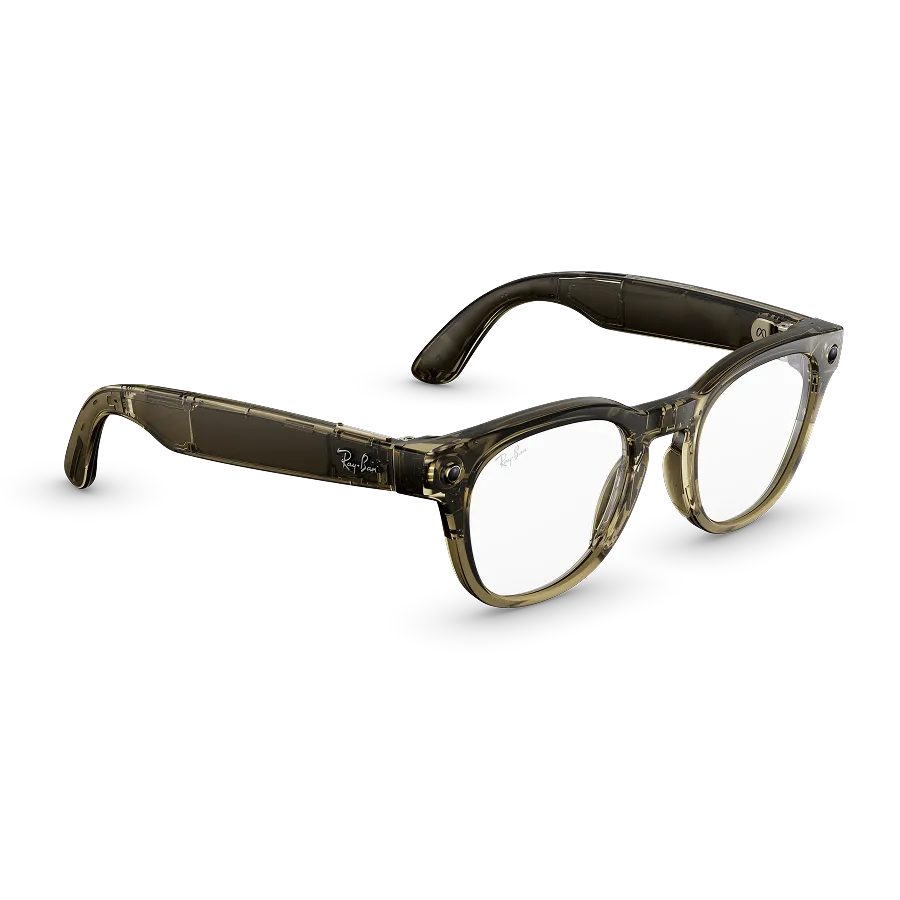 Rechte Seitenansicht der Ray-Ban Meta Scriber Optics-Brille (Gen 2) mit Gestell in Steinbeige glänzend (transparent) und Gläsern in Klar.