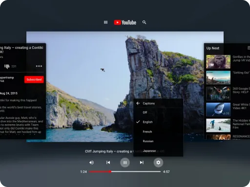 A YouTube video playing in a resizable 2D panel with the captions menu open