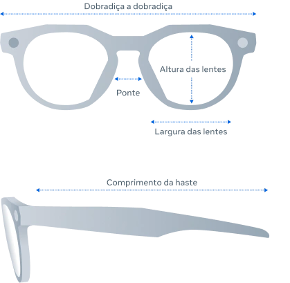 Armações Oakley HSTN vista frontal com guia de dimensão, armações Oakley HSTN vista lateral com guia de dimensão