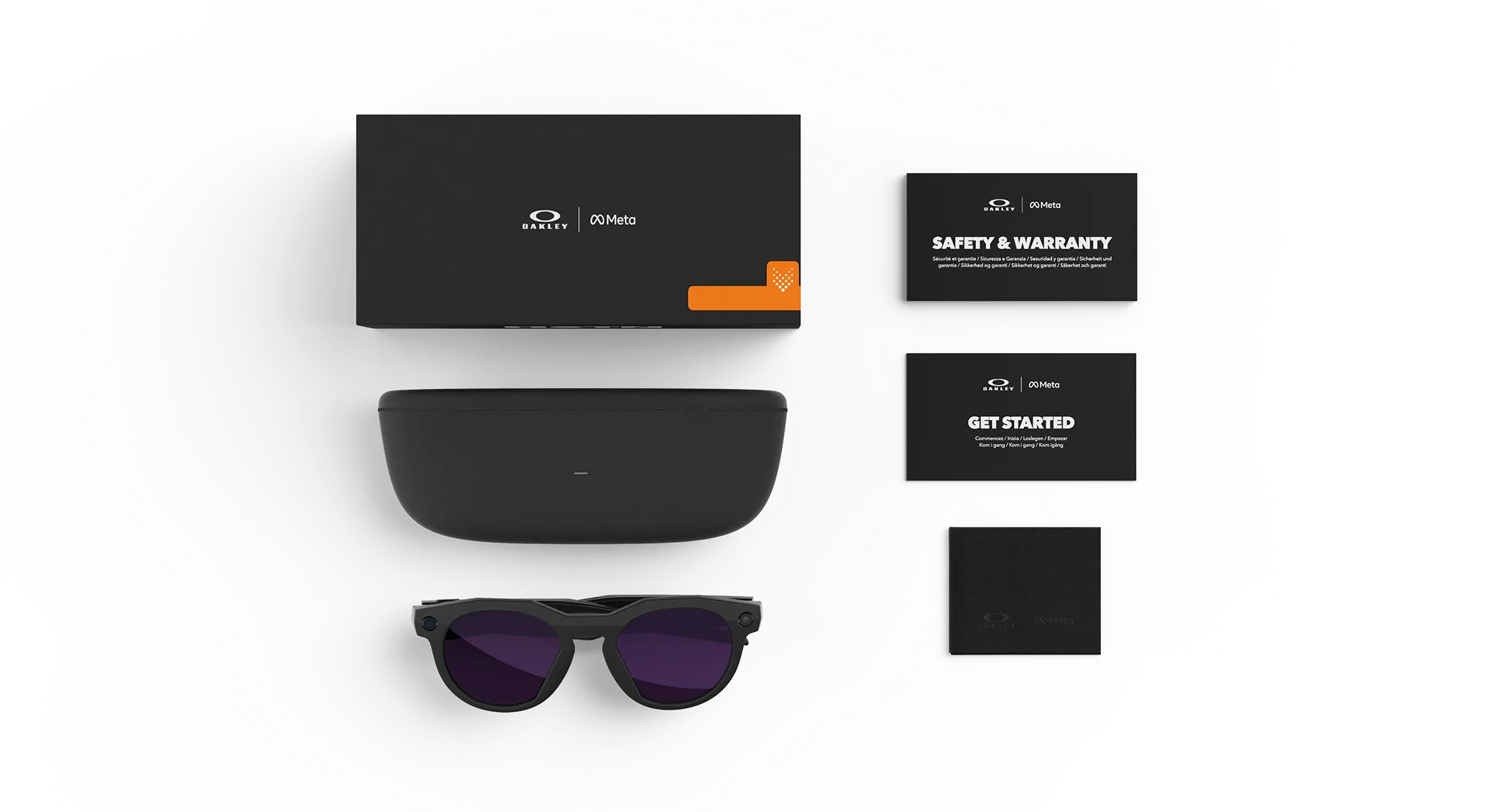 Oakley HSTN Meta AI glasses with box, case, and welcome and safety & warranty cards