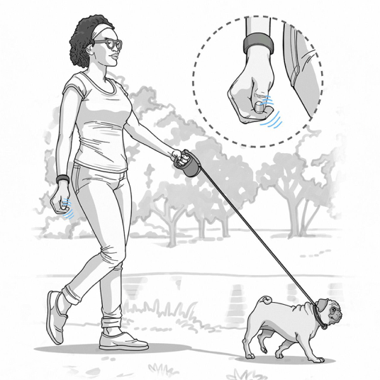 A drawing of a woman walking her dog while using the an EMG wristband