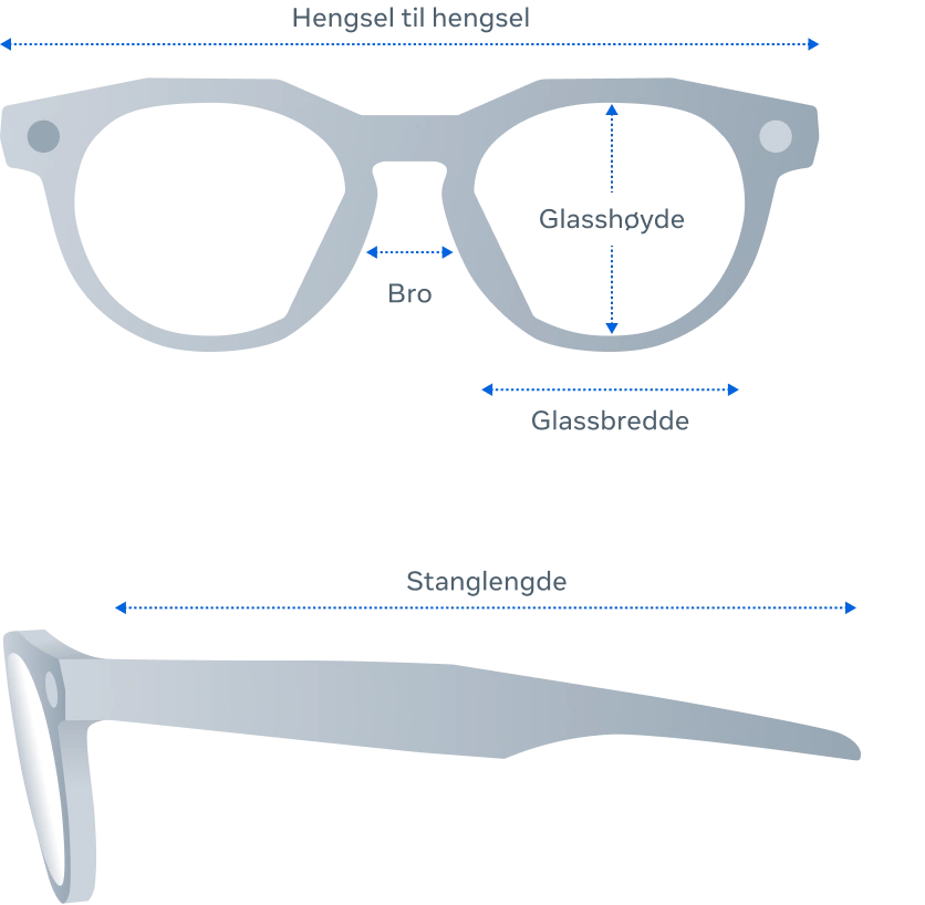 Oakley HSTN-briller sett forfra og fra siden med produktmål