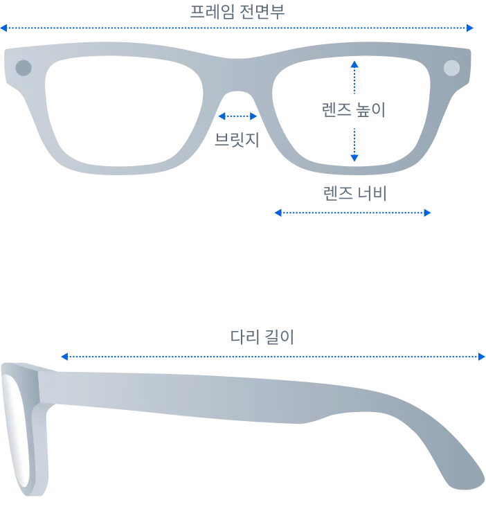 Ray-Ban Meta Blayzer Optics(Gen 2) 안경의 제품 크기를 보여주는 전면 및 측면 이미지