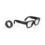Right quarter view of Meta Neural Band in Black and Meta Ray-Ban Display glasses with Black frame and Grey Transitions® lens