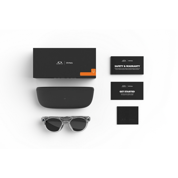 Lieferumfang der Oakley Meta-Brille: Lade-Etui für Oakley Meta, Oakley Meta-AI Glasses, Einrichtungsanleitung.