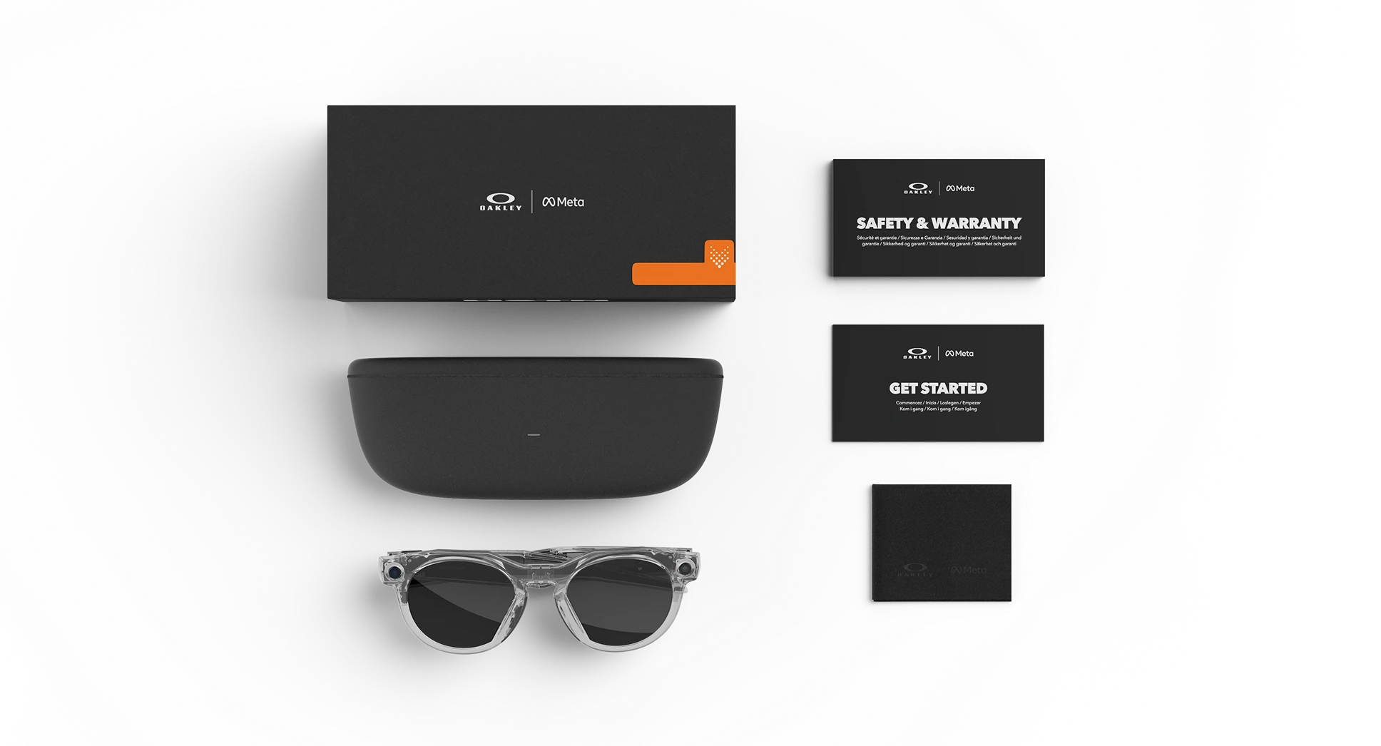 Oakley HSTN Meta AI glasses with box, case, and welcome and safety & warranty cards