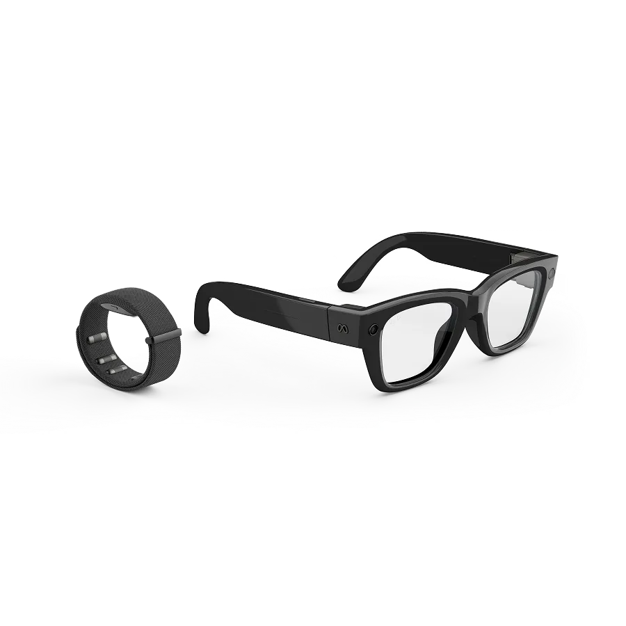 Right quarter view of Meta Neural Band in Black and Meta Ray-Ban Display glasses with Black frame and Grey Transitions® lens