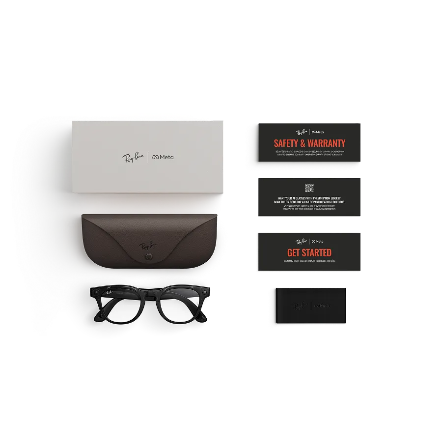 Artikler som følger med kjøpet av Ray-Ban Meta-briller: Ray-Ban Meta-ladeetui, Ray-Ban Meta AI Glasses og startveiledning.