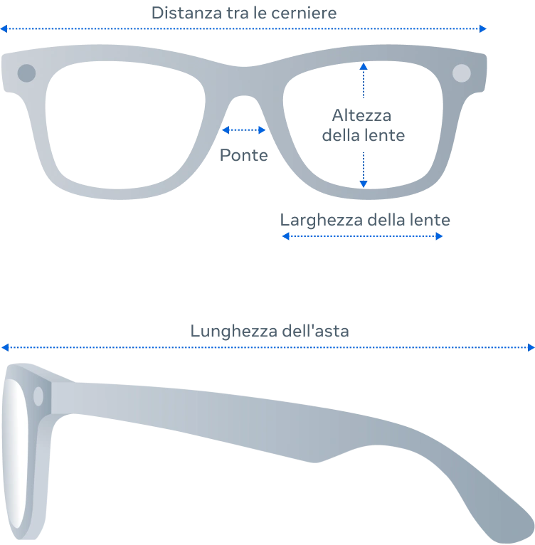 Vista frontale e laterale delle dimensioni del prodotto per gli occhiali Ray-Ban Meta Wayfarer Gen 2
