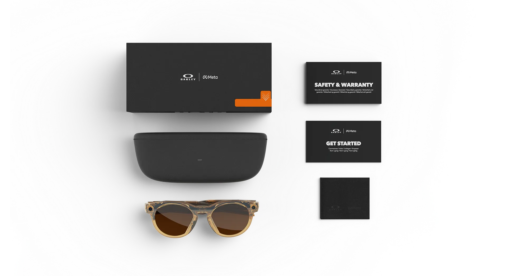 Lunettes IA Oakley Meta HSTN avec boîte, étui et cartes de bienvenue, de sécurité et de garantie