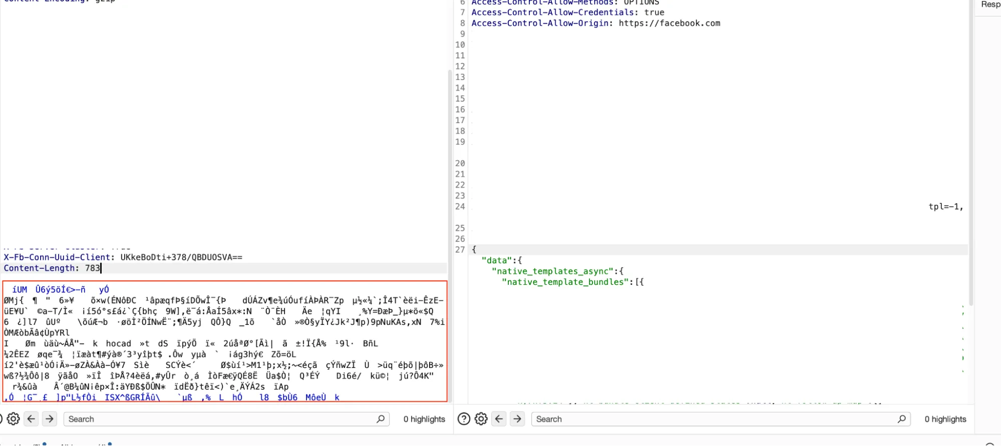 Cuerpo de la solicitud comprimido en gzip que aparece como datos binarios distorsionados en Burp