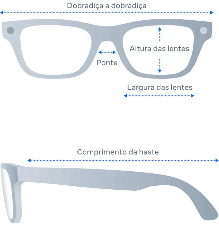 Vista frontal e lateral das dimensões dos óculos Ray-Ban Meta Blayzer Optics (Gen 2)