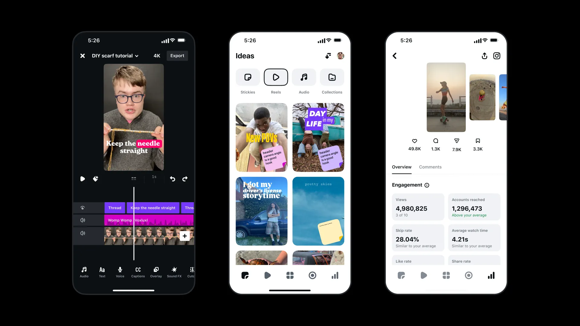 Three Edits app screenshots appear on a black background showing the video editor creative tools, a page in the app to save ideas and audience insights.