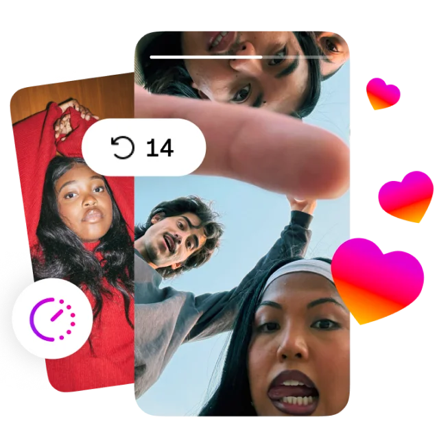 Four friends in Instagram Stories with reaction hearts and 14 replays