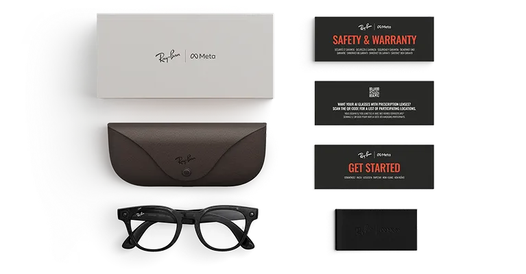 Lunettes IA Ray-Ban Meta Scriber Optics (Gen 2) avec boîte, étui et cartes de bienvenue, de sécurité et de garantie