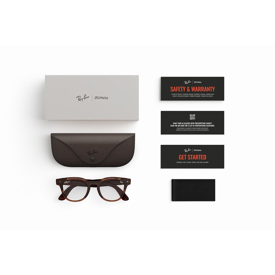 Lieferumfang der Ray-Ban Meta-Brille: Ray-Ban Meta Lade-Etui, Ray-Ban Meta AI Glasses, Einrichtungsanleitung.