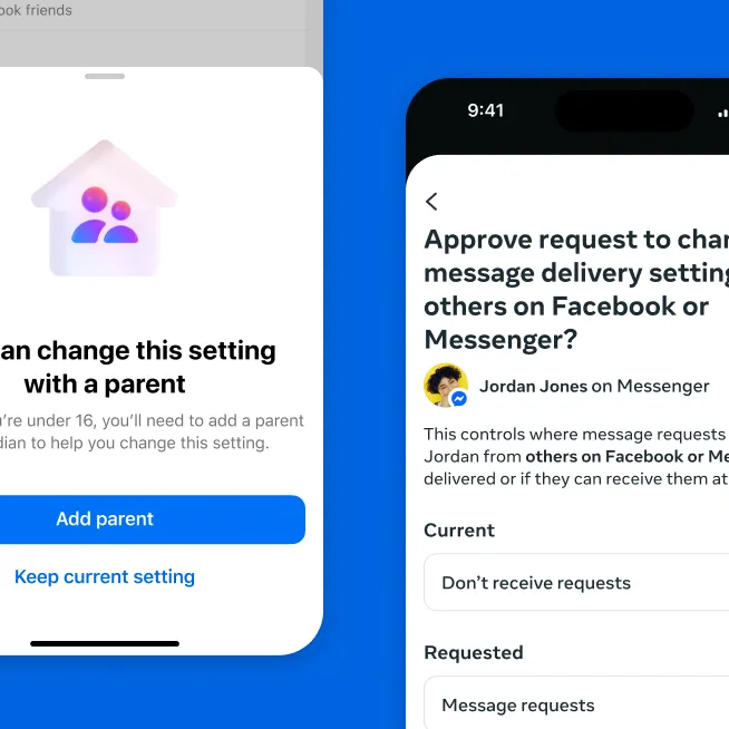Schermate che mostrano la richiesta di approvazione da parte di un genitore per modifiche alle impostazioni relative ai messaggi su Facebook o Messenger.