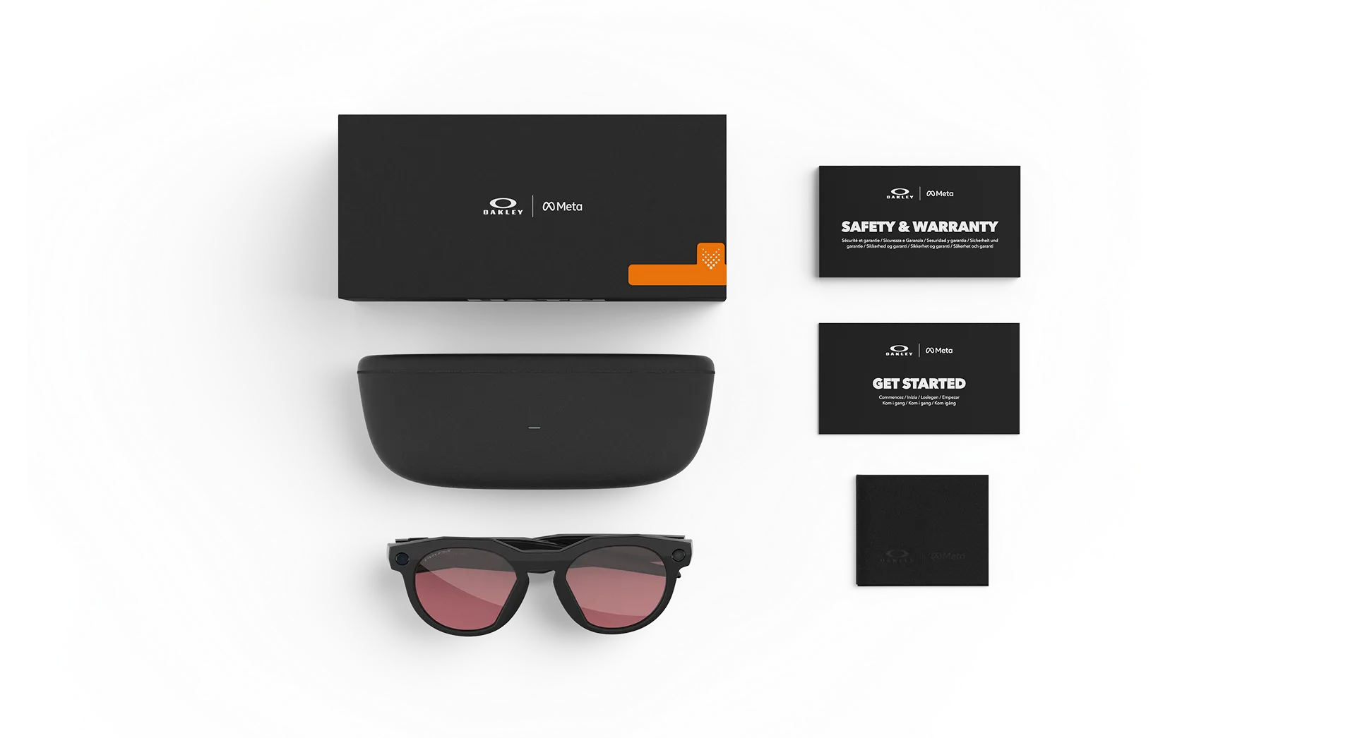 Oakley Meta HSTN AI Glasses med eske og etui samt velkomst-, sikkerhets- og garantiinformasjon