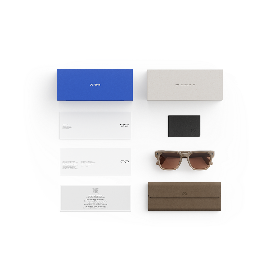 Items included with purchase of Meta AI glasses - Meta charging case, Meta AI glasses, and getting started guide.