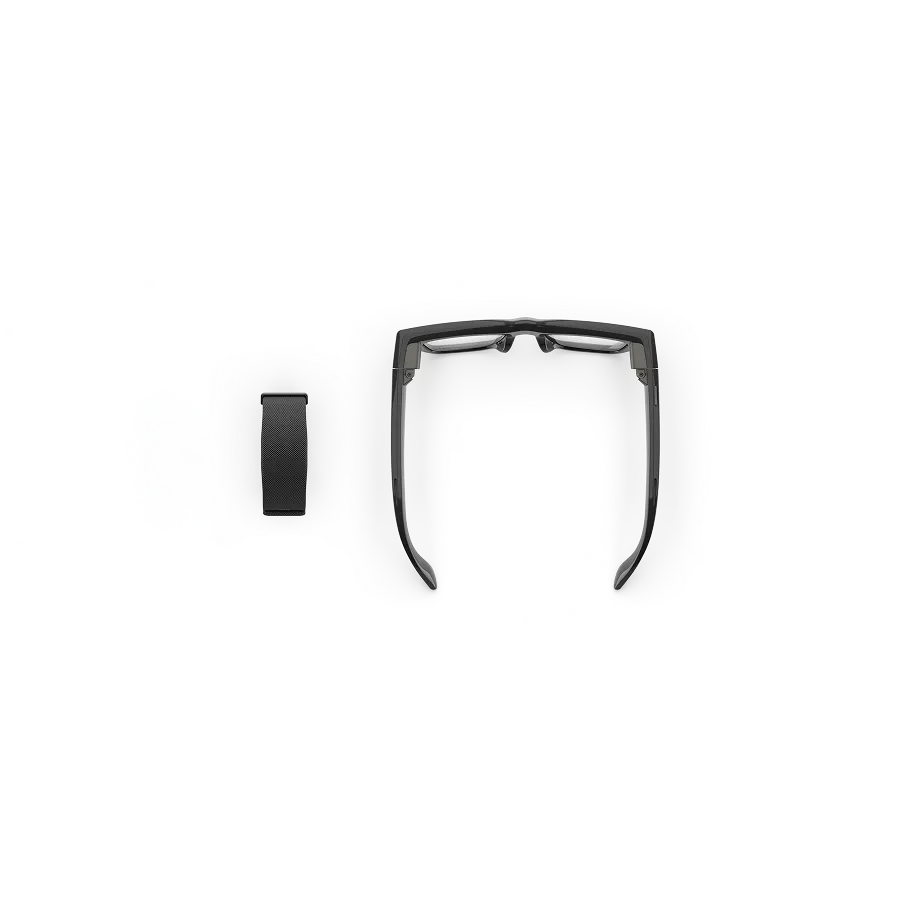 Top view of Meta Neural Band in Black and Meta Ray-Ban Display glasses with Black frame and Grey Transitions® lens