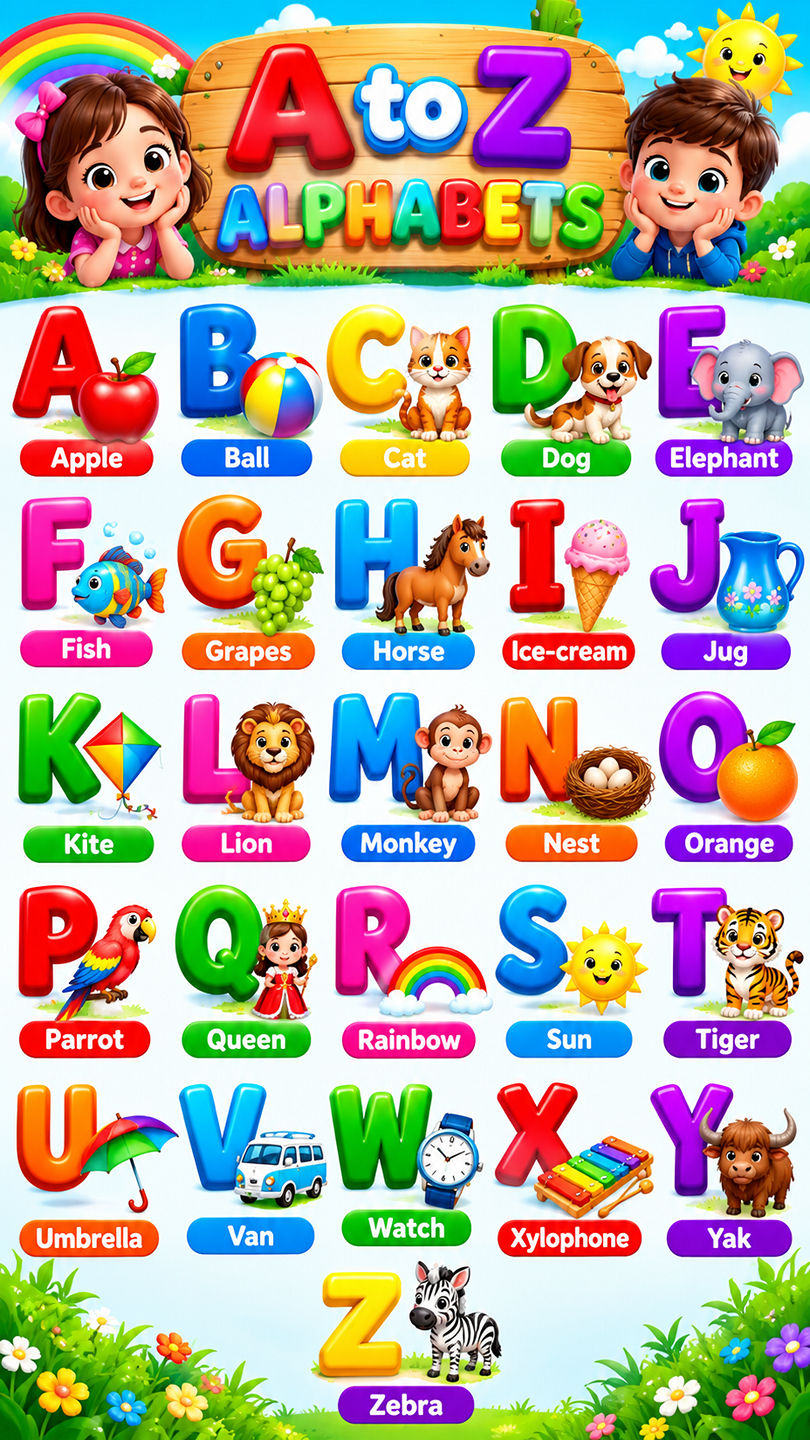 Alphabet :- A for Apple 🍎, B for Bat 🦇, C for Car 🚗 , D for