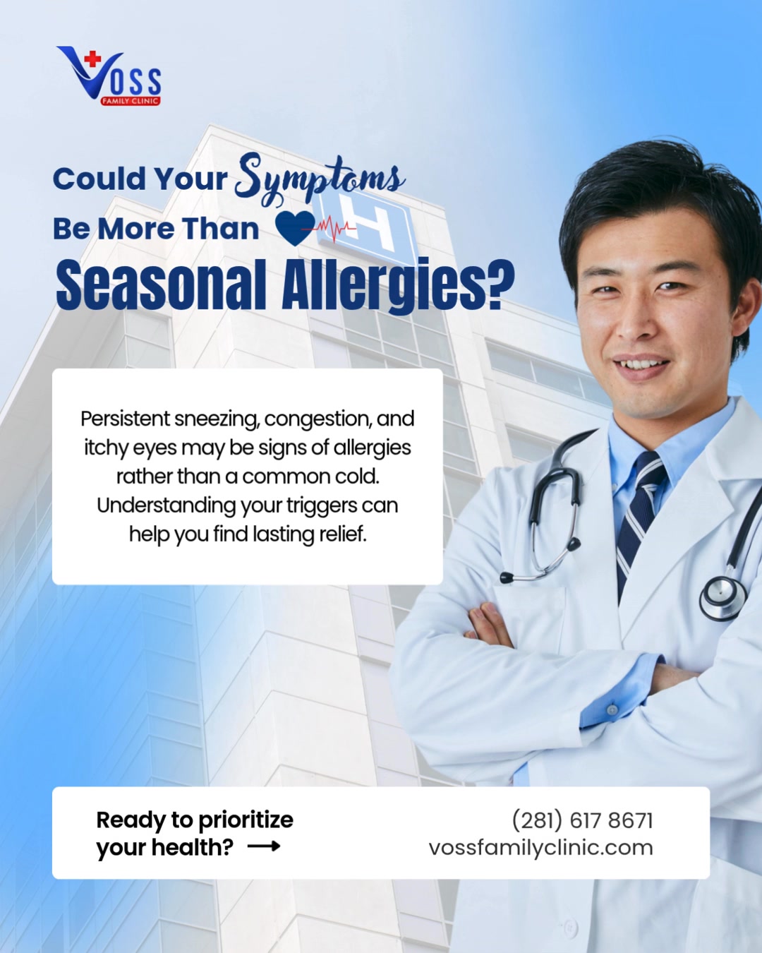 Not all allergy symptoms are seasonal. Identifying the cause is the first step toward better symptom management and improved daily comfort., If you are experiencing allergy symptoms, Voss Family 