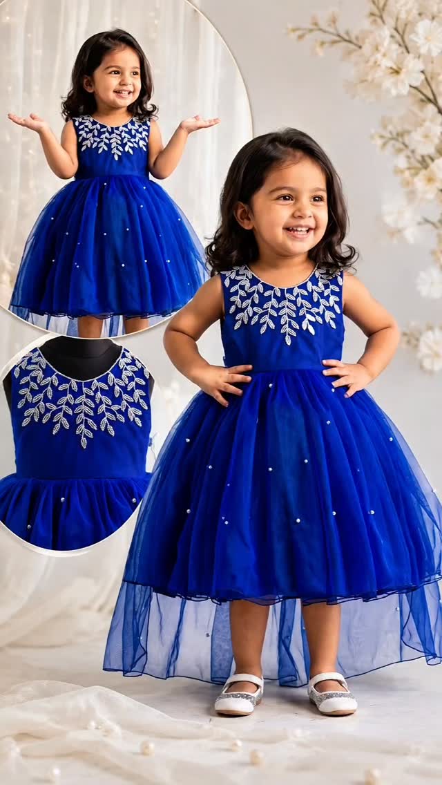 Dress your little princess in timeless elegance with our Navy Blue Tail Frock for Baby Girl 💙✨, Designed to bring out a royal and graceful look, this beautiful frock is perfect for birthdays, parties, 