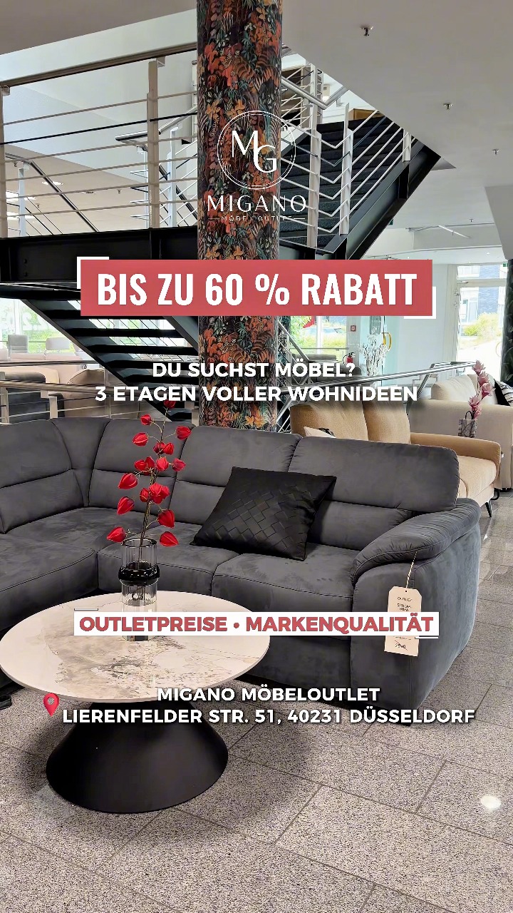 BIS ZU 60 % RABATT? 👀, Ja, richtig gelesen. 👇, Im MIGANO Möbeloutlet findest du alles für dein Zuhause – von Sofas und Betten über Esstische, Kleiderschränke und Küchen nach Maß bis hin zu