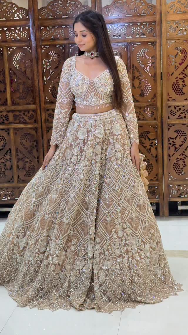 gold indian bridal dresses Champagne Reception Lehenga with Heavy Crystal Embroidery at Urban Dulhaniya Pune lehenga indian wedding dress