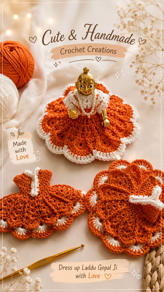 🧶 Today’s handmade creation is ready! 💛, I crocheted this beautiful Laddu Gopal Ji dress with love. Watch how it came together! ✨, Full tutorial coming soon 🙏❤️, #Crochet #LadduGopal #Handmade 