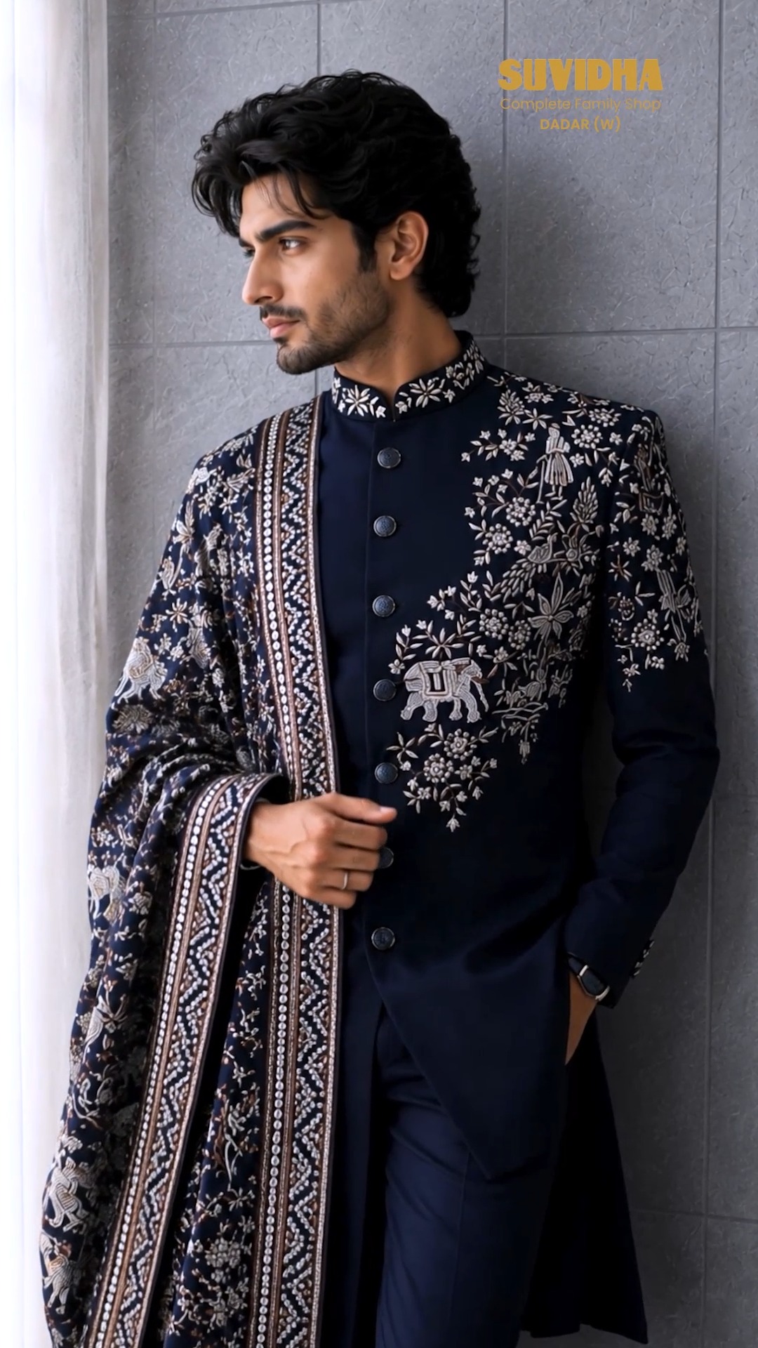 designer wedding dresses for men india Navy nawabi indo-western with embroidered drape regal statement style 💙✨, A luxurious indo-western ensemble featuring intricate floral embroidery, a richly detailed heritage-inspired drape, and a Jodhpuri Size:12 Yards oh girl gang bridal sleeves Summer Wedding Guest Dresses made masterpiece is not