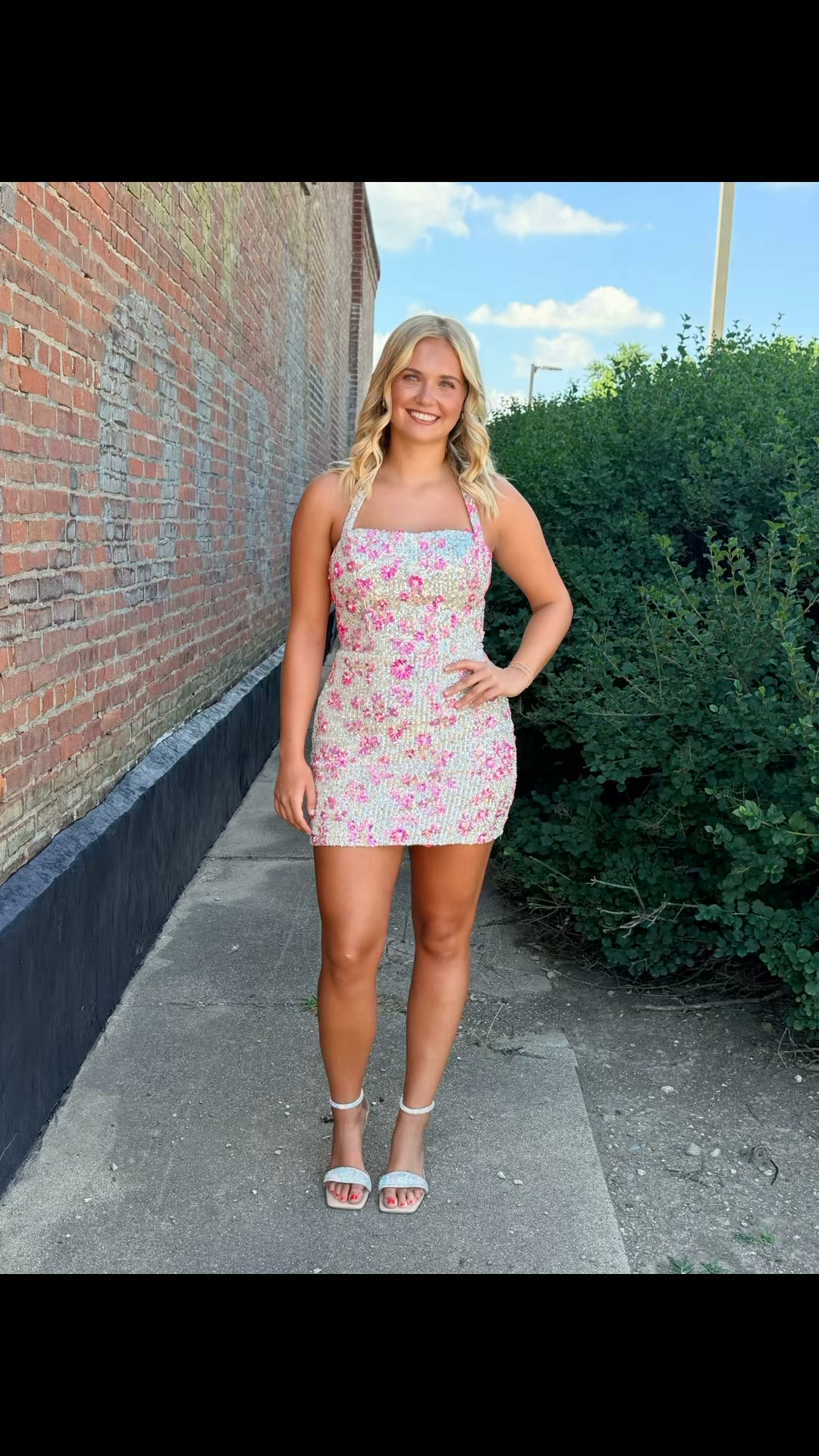 homecoming dresses in central illinois This is another one of my favorite dresses!!! It is a real stunner the sun!! Silver sequin halter with pink iridescent flowers. #hocodress #homecomingdress #centralillinois #halterdress collection:black-friday-doorbusters