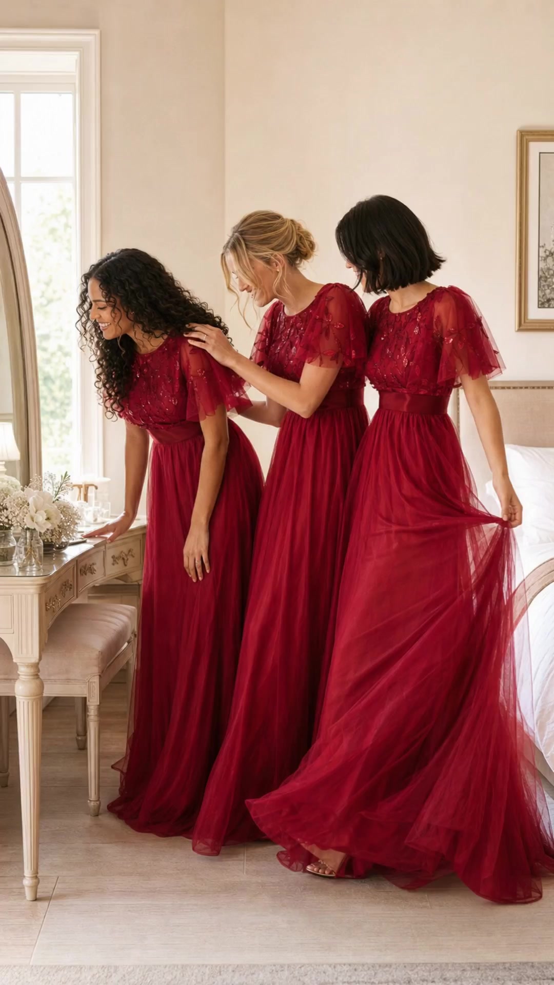 olivia bridesmaid dress The Bridesmaids Only House Label in burgundy crepe, with its A-line silhouette and ruffle sleeves and leaf shimmer pattern, is typically made-to-order in 8–12 weeks. Our site features Maxi dress Suzhoufashion A Line Burgundy style_id:023040504 Available in Dusty Rose SIZE:XXS / 0