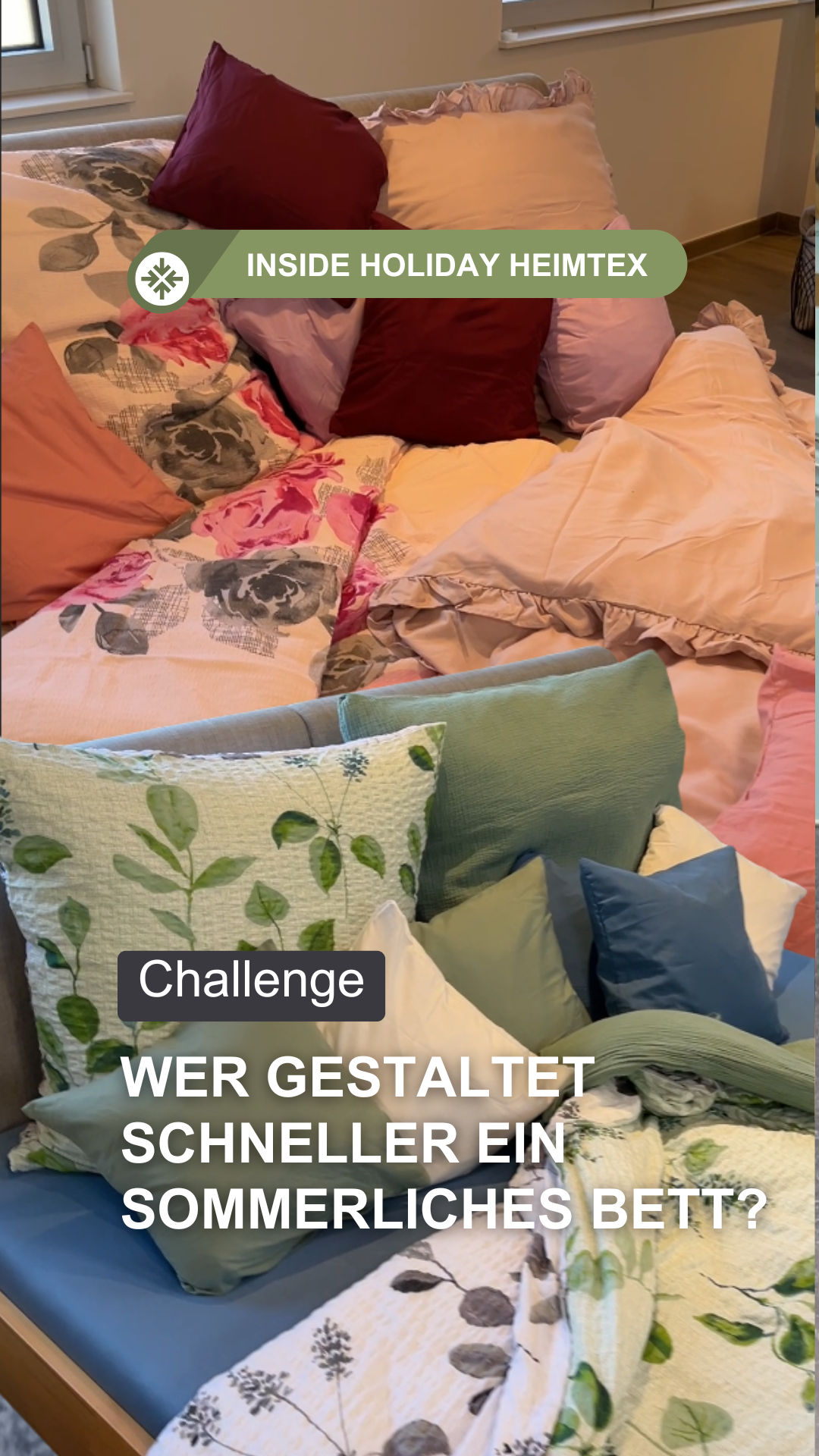 ⏱️ Bettgestaltung auf Zeit – aber bitte mit Gefühl für Fläche, Farbe und Verkauf., Kathrin Wagner und Lioba Schwörer hatten dieselbe Aufgabe: ein sommerliches Bett mit verschiedenen Heimtextilien