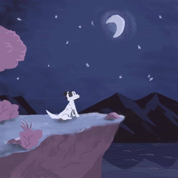Whimsical puppy illustration on a crescent moon