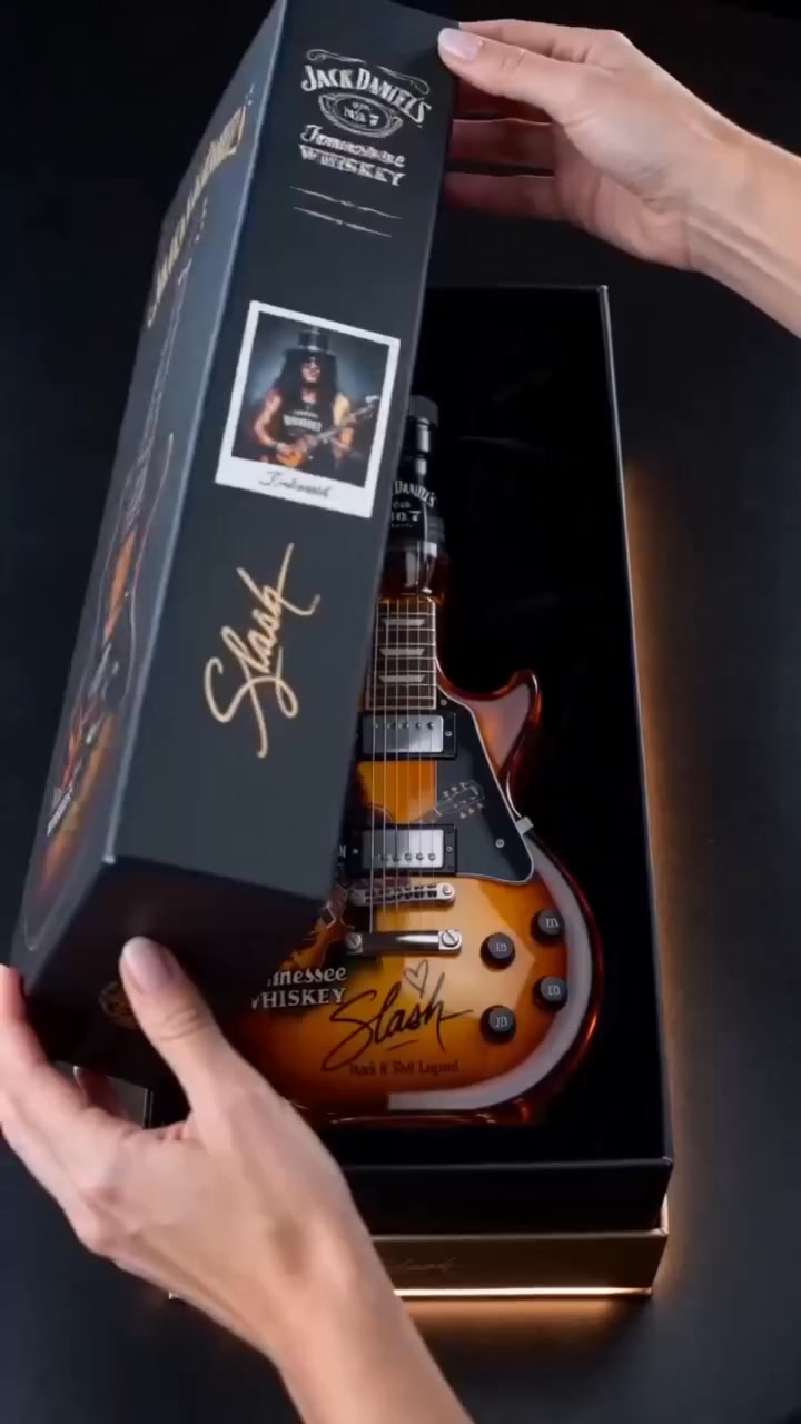 Slash signature. Guitar shape. Whiskey bottle. Rock legend in your