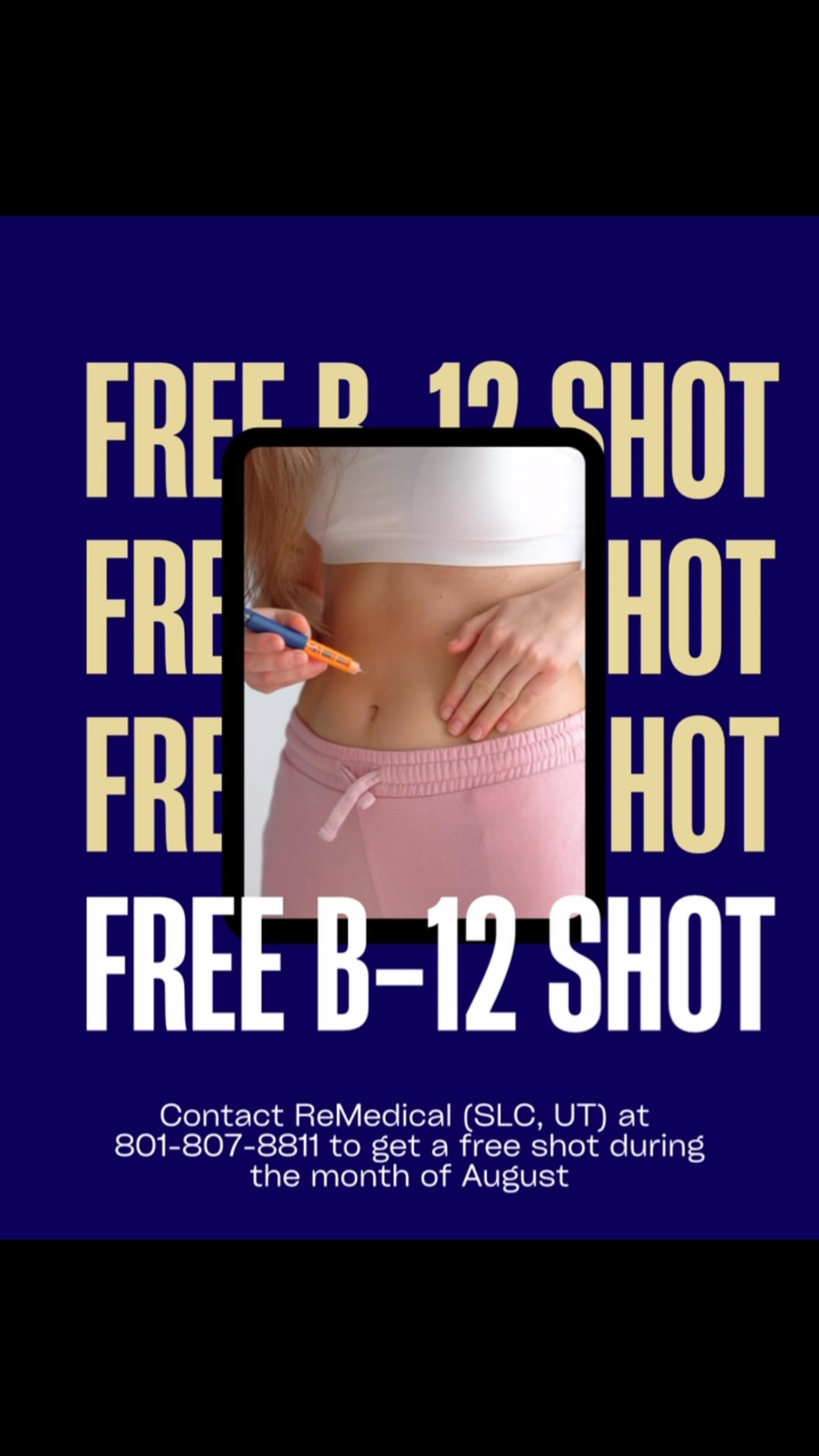 Consider this your reminder that sometimes YOU deserve a little care too., And this August, we’re gifting it to you., For the entire month of August, ReMedical is offering a FREE B12 injection., No 