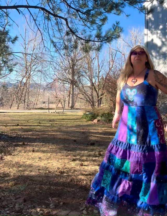 Beautiful Blue BillyStrings Goat Spinner Dress-this fits A Large-XL 34”-42” at the bra-line. Features a lot of sky, fabrics, outer space and moons… has two side pockets and a stash pocket in