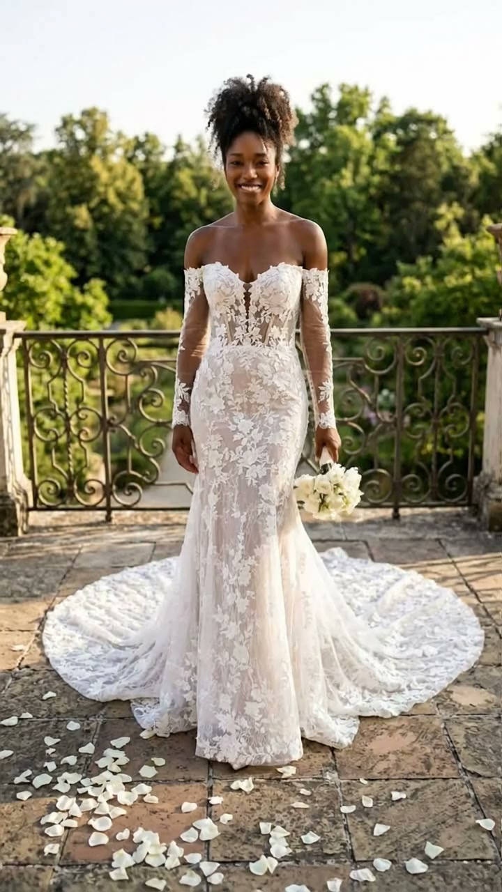 ✨ She said YES in the dress of her dreams..., This Sheath off-the-shoulder wedding dress is pure elegance — delicate appliques cascade along the silhouette, while the cathedral train creates a 