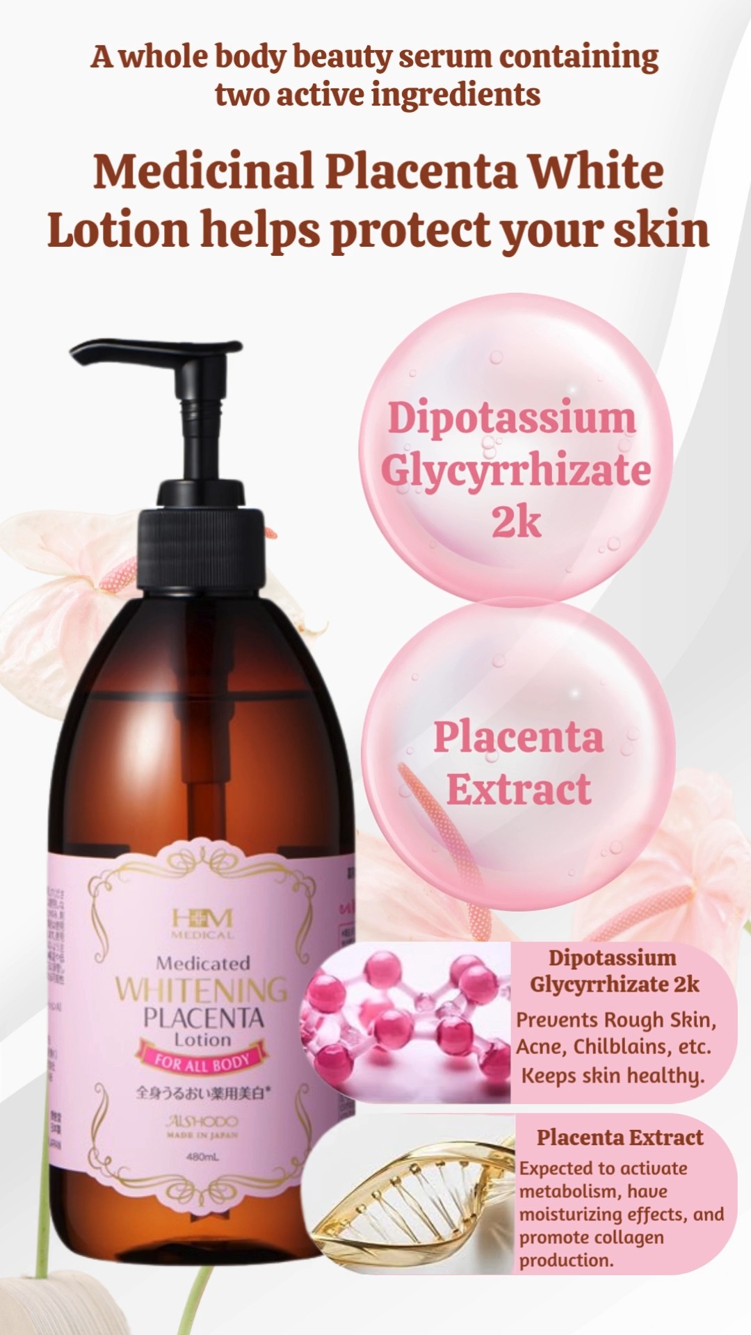 No. 1 Whitening Placenta Lotion in Japan, Placenta extract that can be expected to activate whitening, moisturize, promote collagen production, etc., Ingredients & Benefits:, ☑️ Placenta extract, ☑️ 