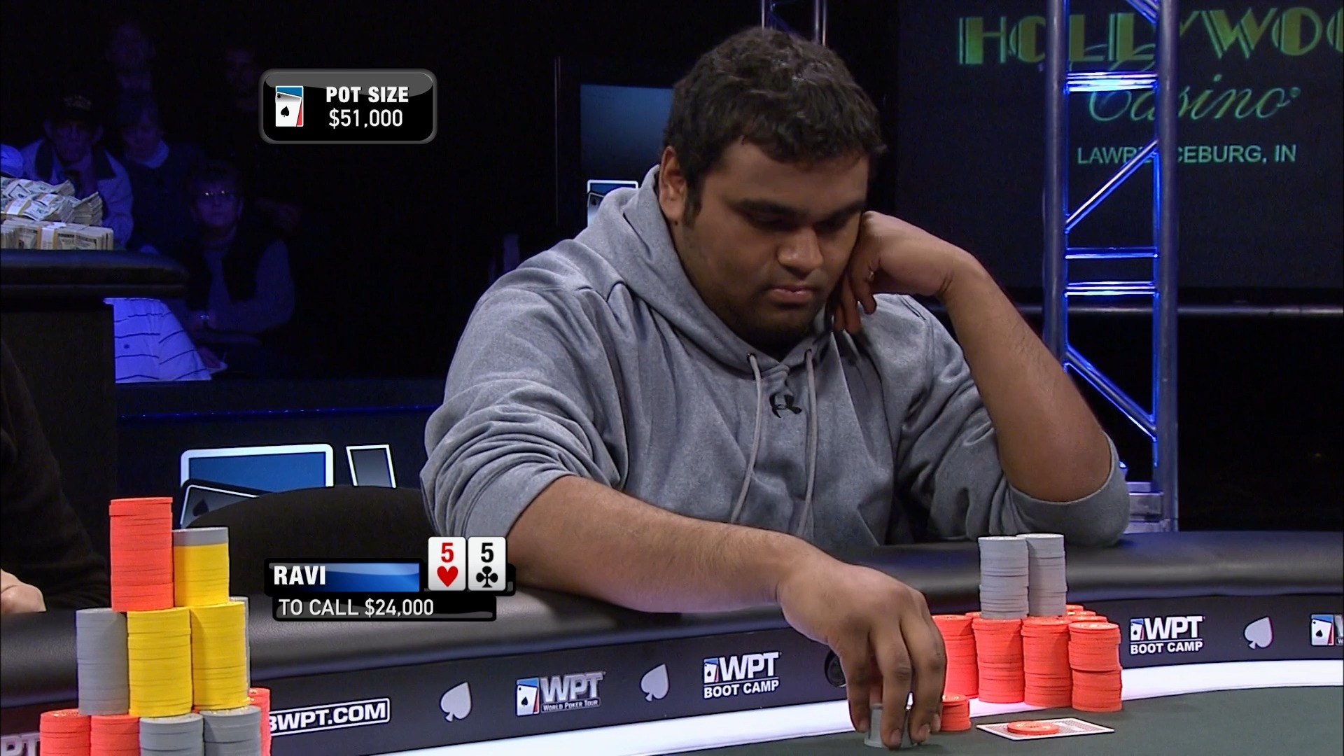 Ravi moves all in, but Frank holds the stronger hand. Ravi finds ...