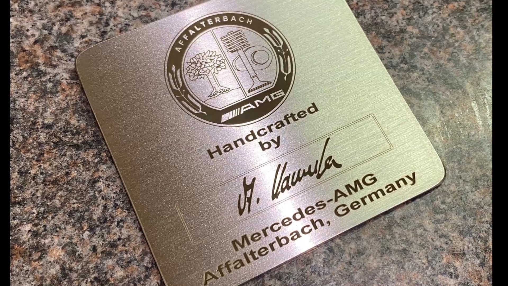 Stainless steel laser etched AMG engine plaque | R.A.B. Global Limited