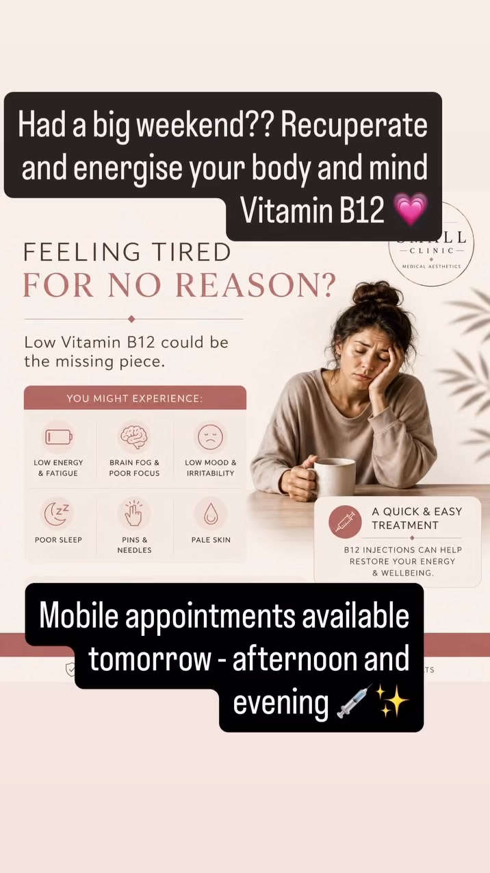 🎉 Feeling the effects of a big weekend? 🥱 If you're feeling tired, low on energy or just not quite yourself, a Vitamin B12 injection could help Vitamin B12 plays an important