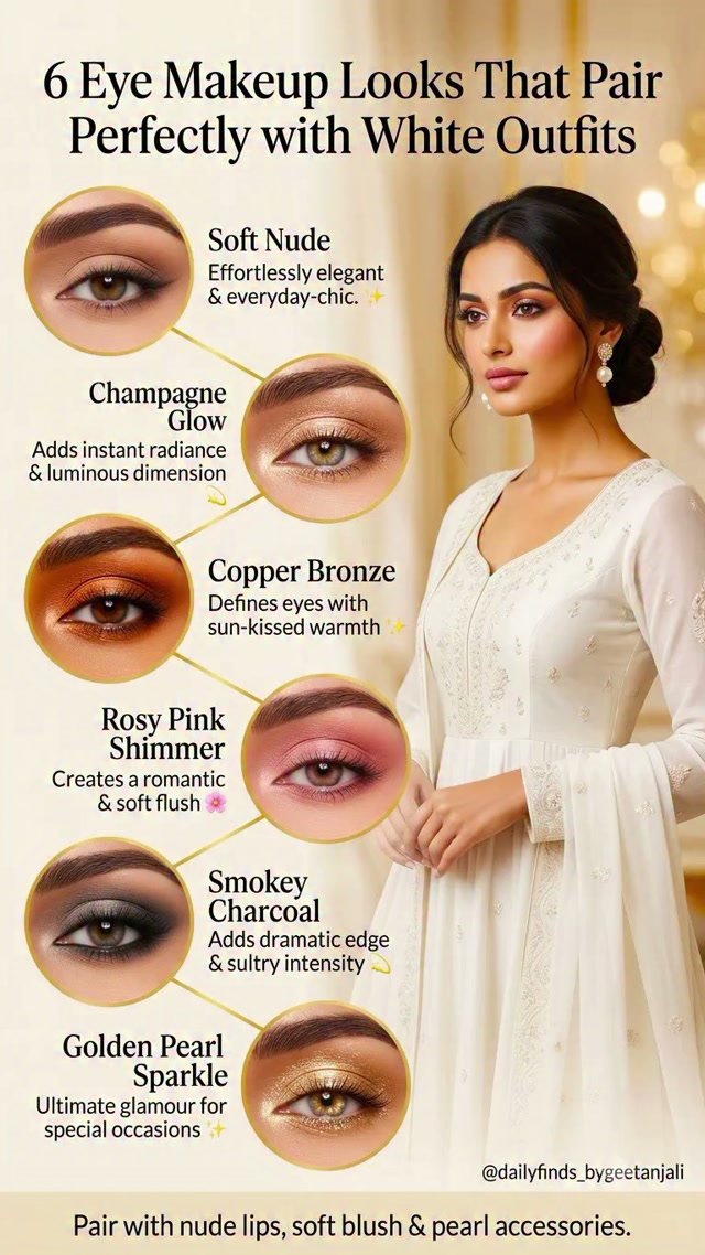 eye makeup with white and gold dress 6 Looks That Look Stunning Outfits 🤍✨, ., ., ., eye makeup trends, makeup for white dress, elegant eye makeup, classy makeup look, everyday eye makeup, party eye makeup, festive Inquire